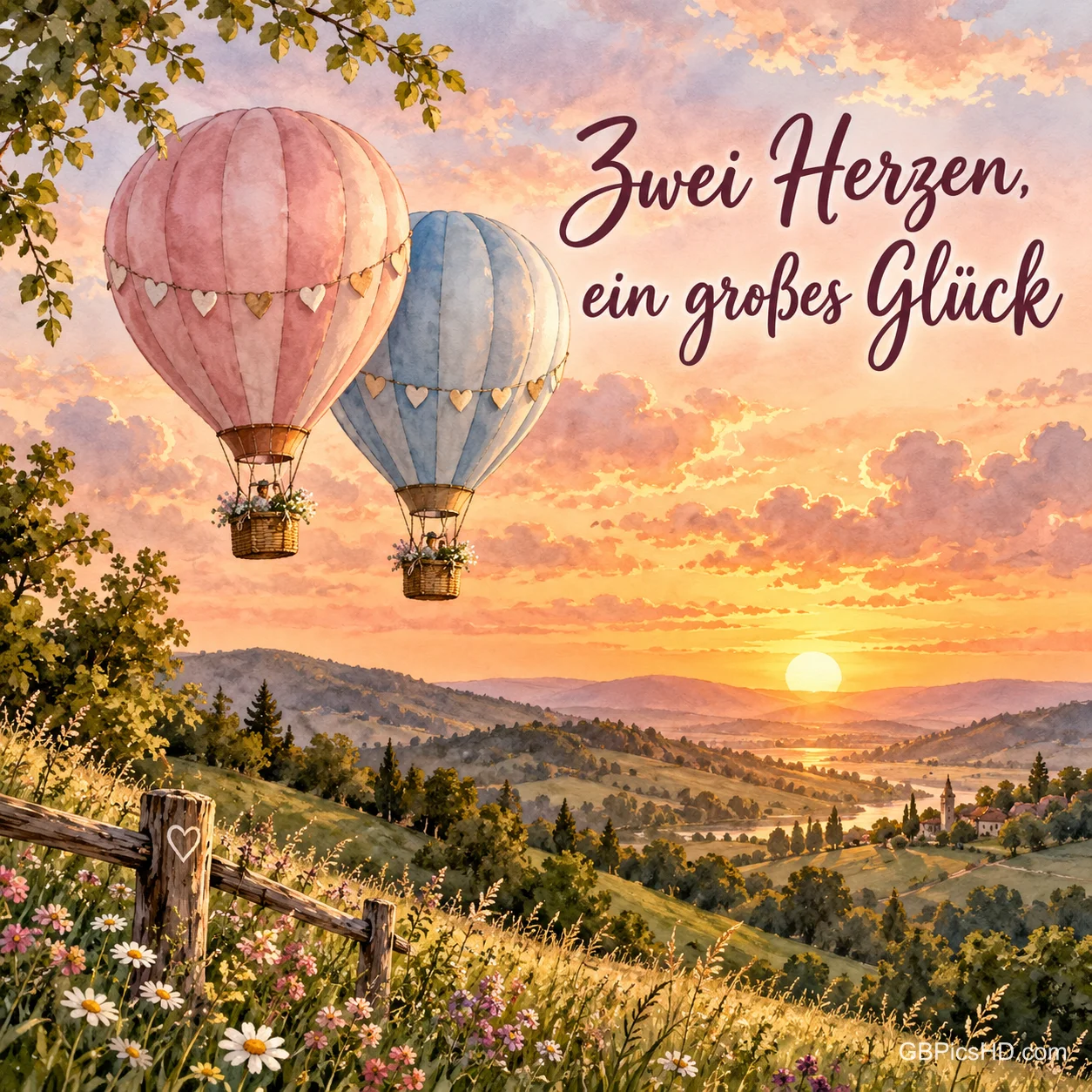 Zwei Heißluftballons in Rosa und Hellblau schweben bei Sonnenuntergang über grüne Hügel, dazu der Spruch "Zwei Herzen, ein großes Glück".