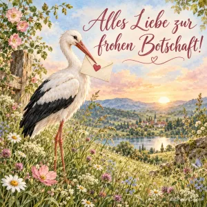 Ein Storch mit einem Briefumschlag mit Herzsiegel steht in einer Wildblumenwiese, dazu der Gruß "Alles Liebe zur frohen Botschaft!".