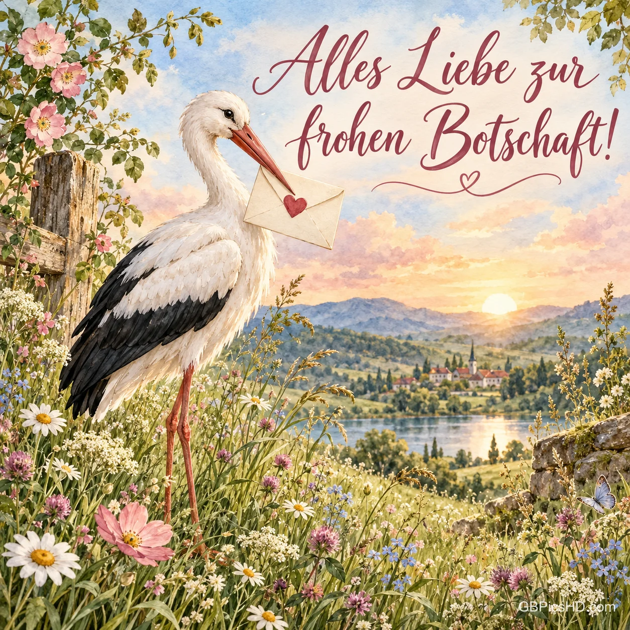 Ein Storch mit einem Briefumschlag mit Herzsiegel steht in einer Wildblumenwiese, dazu der Gruß "Alles Liebe zur frohen Botschaft!".