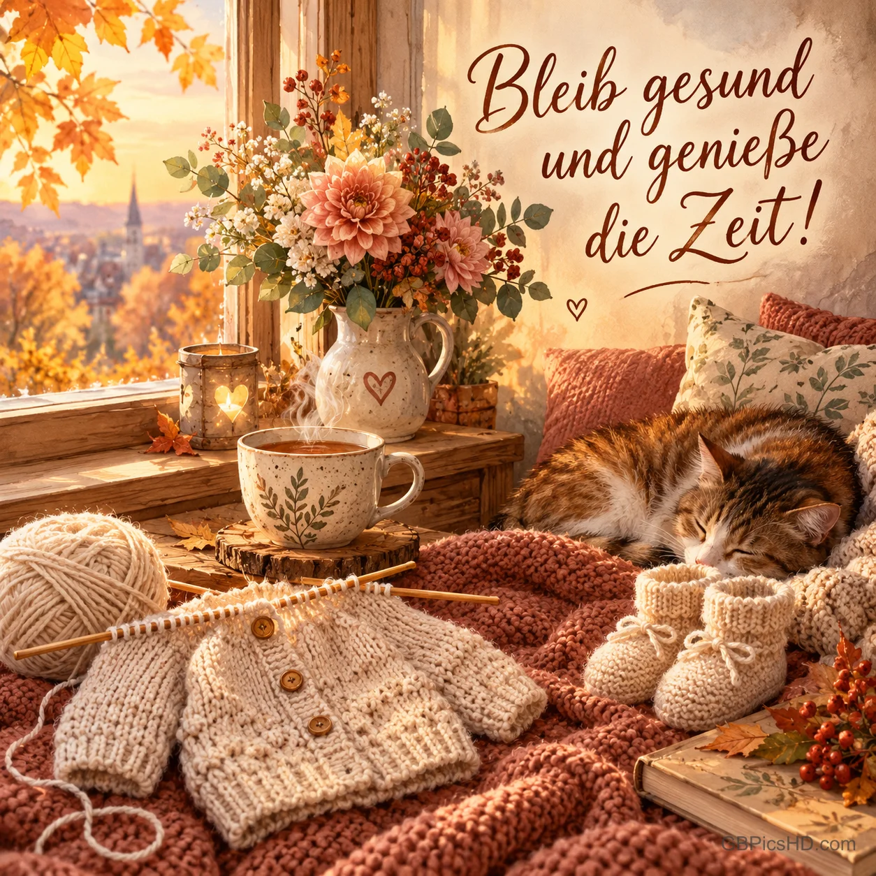 Ein gemütliches Stillleben mit Tee, Strickzeug für ein Babyjäckchen und schlafender Katze im Herbstlicht, dazu der Wunsch "Bleib gesund und genieße die Zeit!".