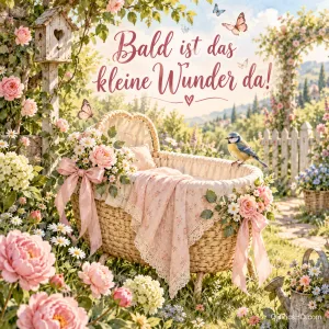Ein mit Schleifen und Rosen geschmückter Stubenwagen im sonnigen Garten mit Meise und Schmetterlingen, dazu der Spruch "Bald ist das kleine Wunder da!".
