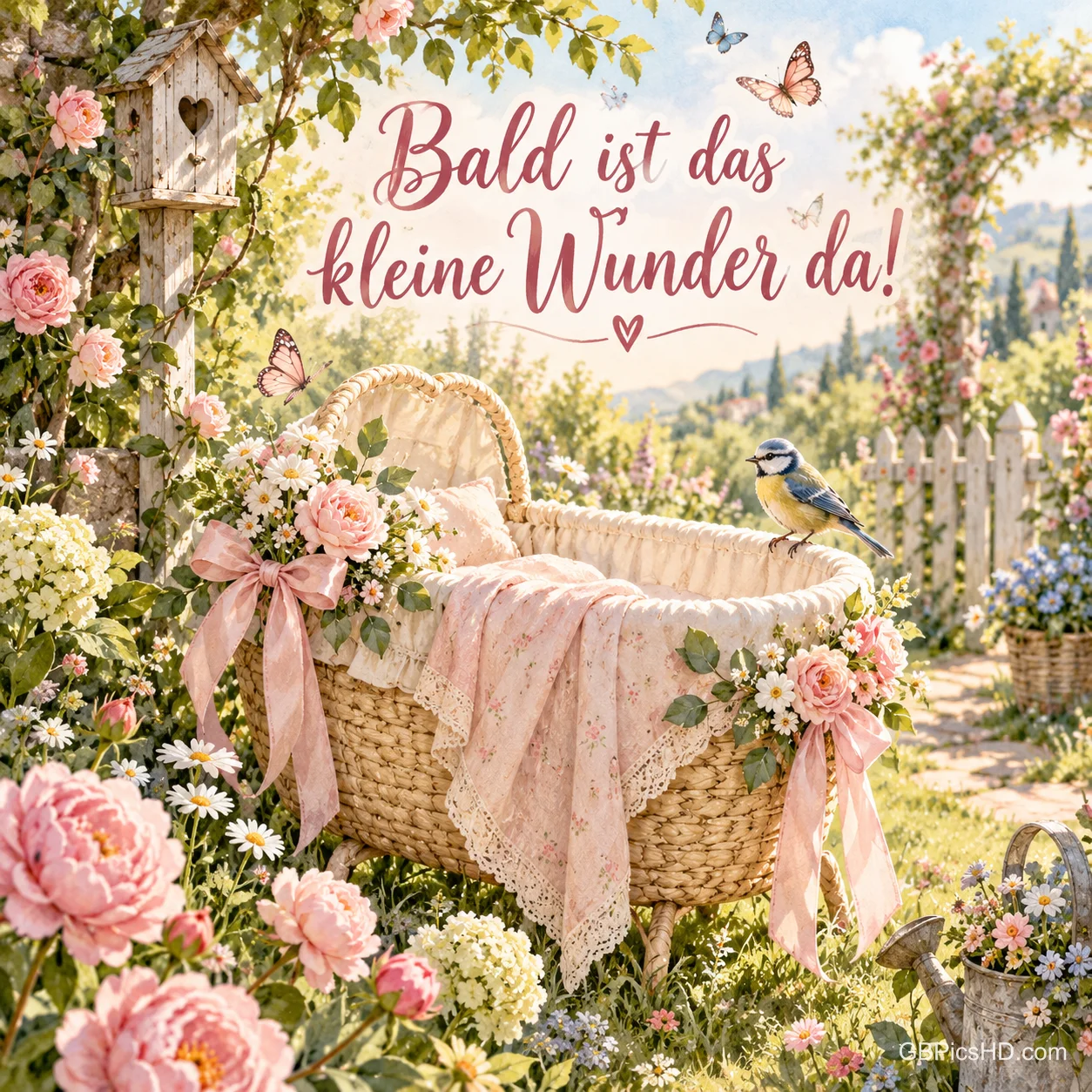 Ein mit Schleifen und Rosen geschmückter Stubenwagen im sonnigen Garten mit Meise und Schmetterlingen, dazu der Spruch "Bald ist das kleine Wunder da!".
