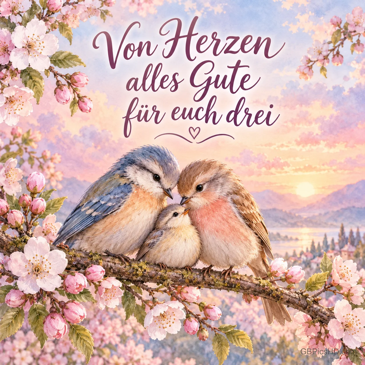 Drei kleine Vögel, zwei große und ein winziger, kuscheln auf einem blühenden Zweig, dazu der Gruß "Von Herzen alles Gute für euch drei".
