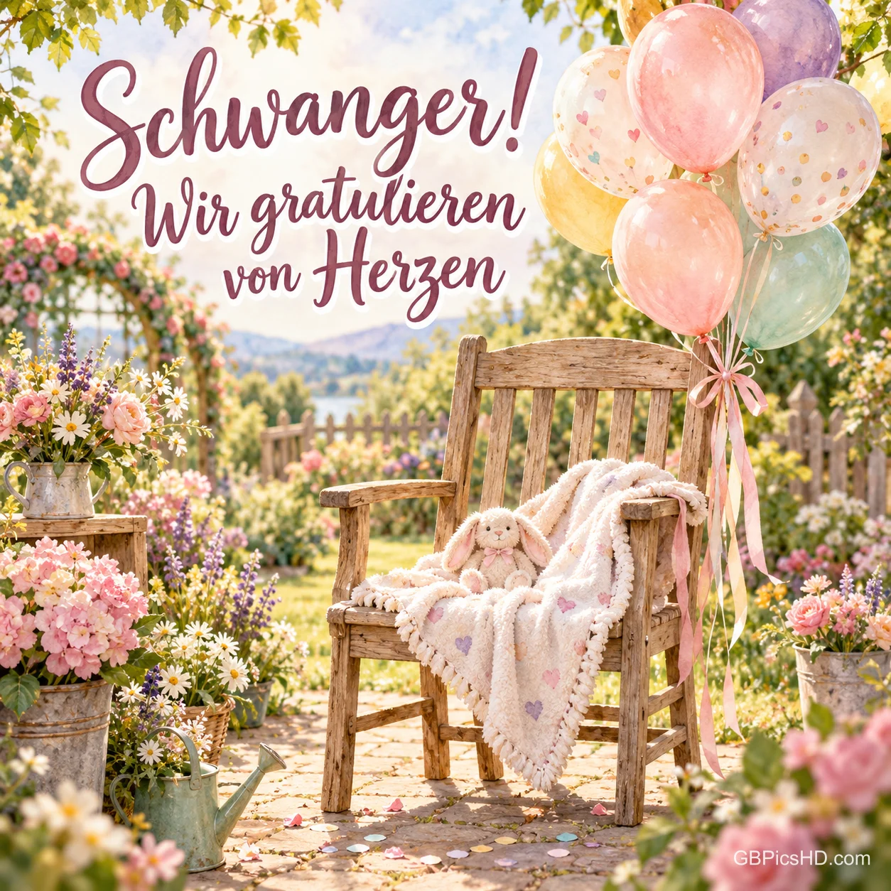 Pastellfarbene Luftballons an einem Gartenstuhl mit Babydecke und Plüschhase, dazu der Glückwunsch "Schwanger! Wir gratulieren von Herzen".