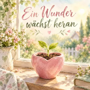 Ein kleiner Keimling wächst in einem herzförmigen Topf auf einer sonnigen Fensterbank, dazu der Spruch "Ein Wunder wächst heran".