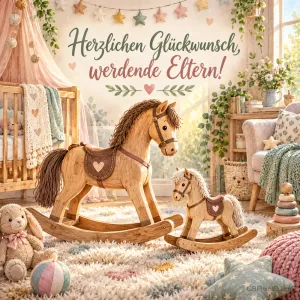 Zwei hölzerne Schaukelpferde, ein großes und ein kleines, in einem hellen Kinderzimmer, dazu der Glückwunsch "Herzlichen Glückwunsch, werdende Eltern!".