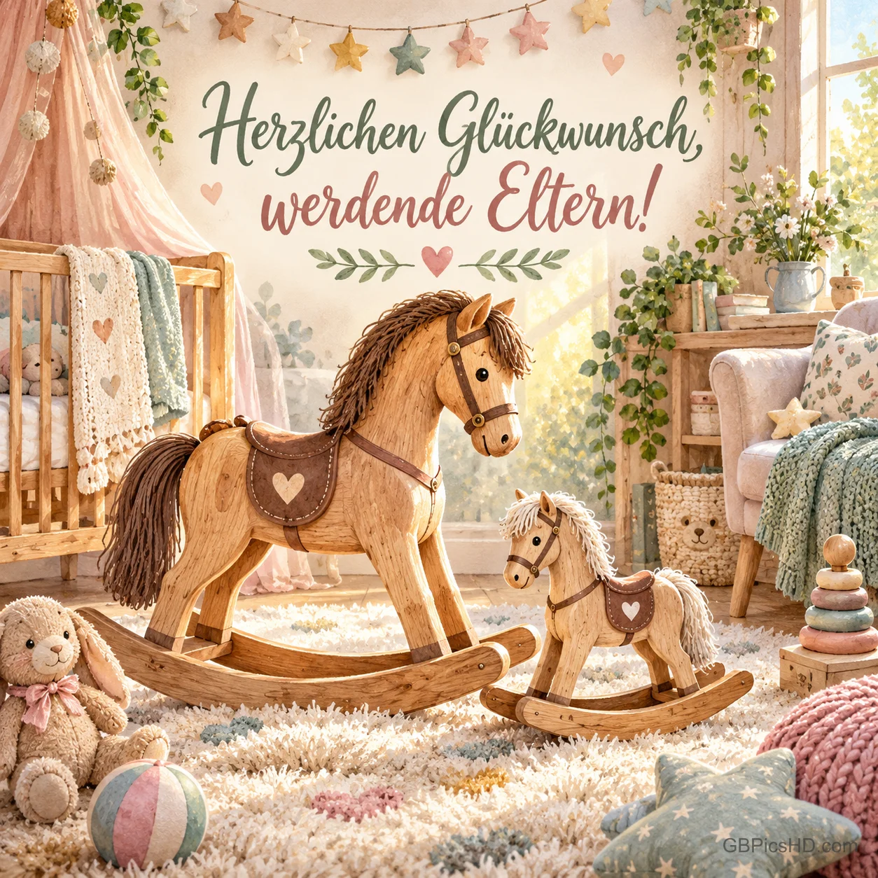 Zwei hölzerne Schaukelpferde, ein großes und ein kleines, in einem hellen Kinderzimmer, dazu der Glückwunsch "Herzlichen Glückwunsch, werdende Eltern!".