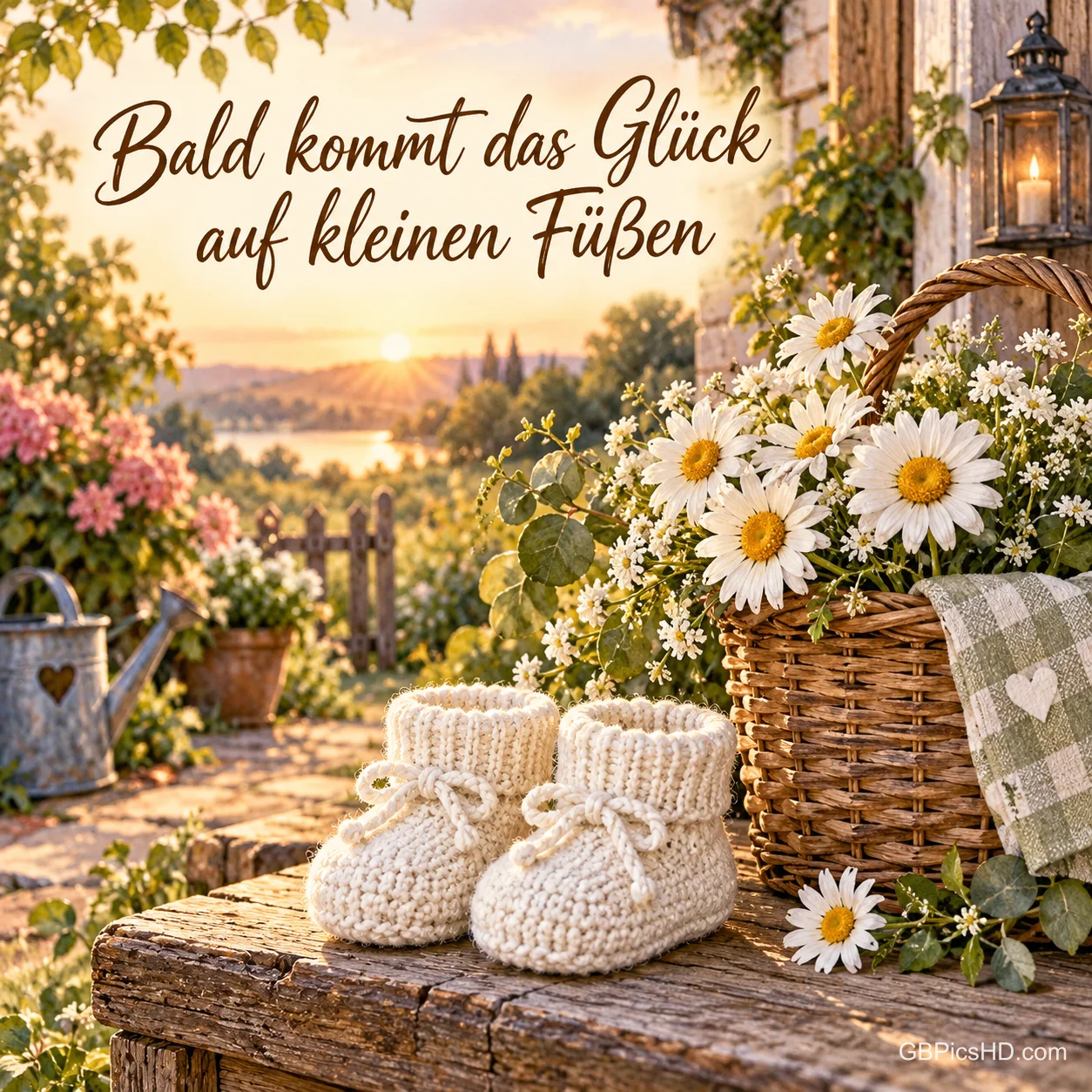 Weiße gestrickte Babyschuhe auf einer Holzbank neben einem Korb mit Gänseblümchen, dazu der Spruch "Bald kommt das Glück auf kleinen Füßen".