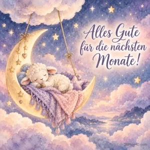 Ein schlafendes Plüschlamm in einer Mondwiege über rosa Wolken und Sternen, dazu der Wunsch "Alles Gute für die nächsten Monate!".