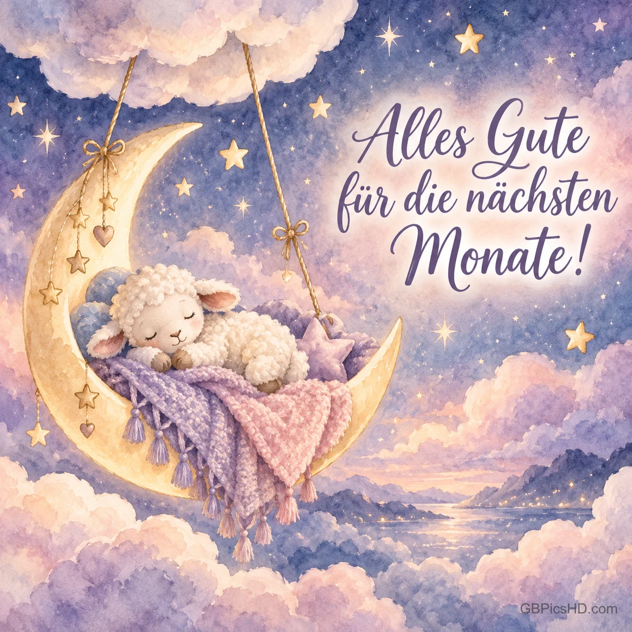 Ein schlafendes Plüschlamm in einer Mondwiege über rosa Wolken und Sternen, dazu der Wunsch "Alles Gute für die nächsten Monate!".