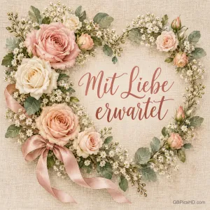 Ein herzförmiger Kranz aus Rosen und Schleierkraut mit Satinschleife, dazu der Spruch "Mit Liebe erwartet".