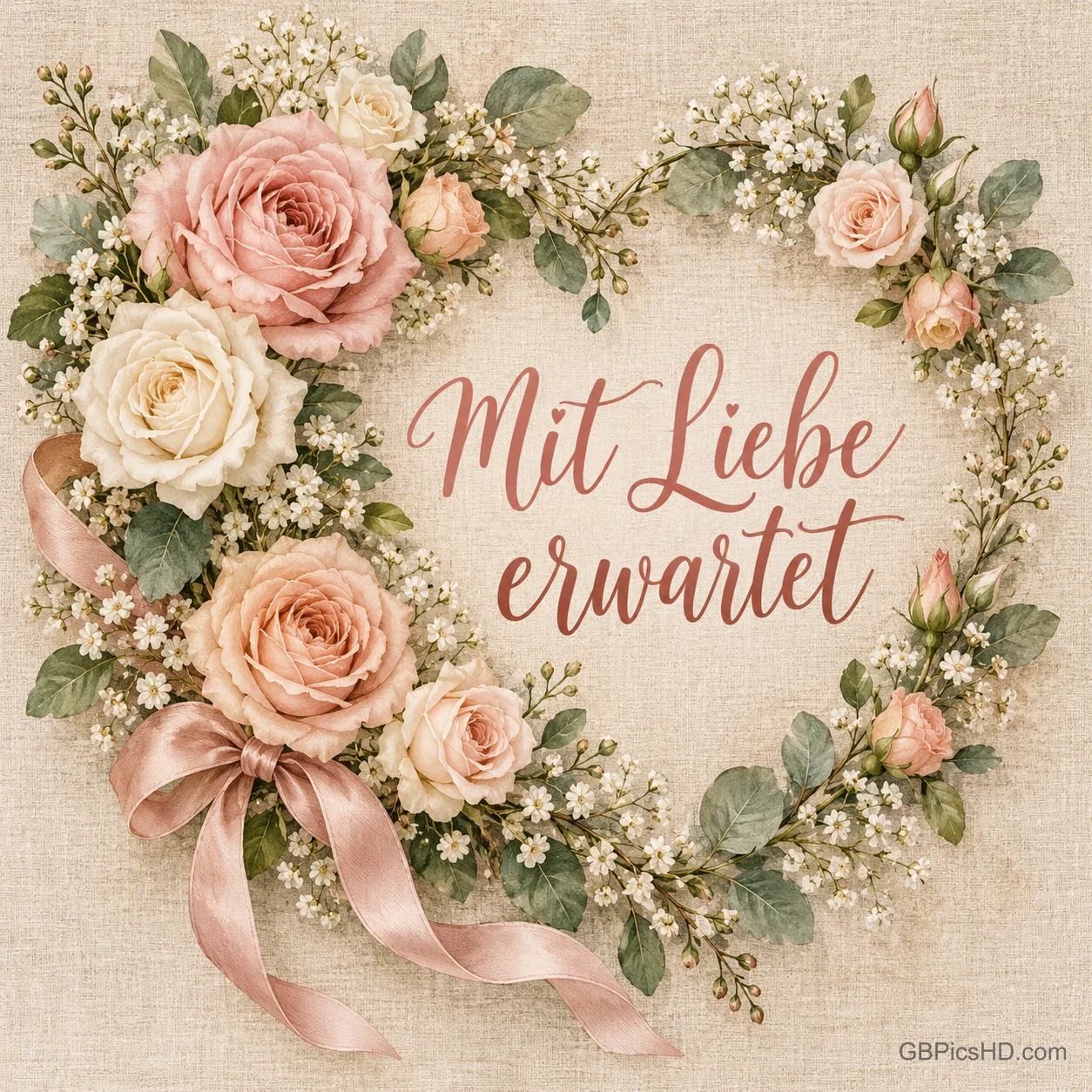 Ein herzförmiger Kranz aus Rosen und Schleierkraut mit Satinschleife, dazu der Spruch "Mit Liebe erwartet".