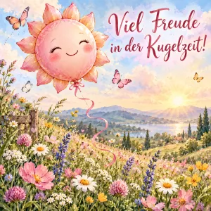 Eine lächelnde rosa Sonne als Luftballon über einer blühenden Sommerwiese, dazu der Wunsch "Viel Freude in der Kugelzeit!".