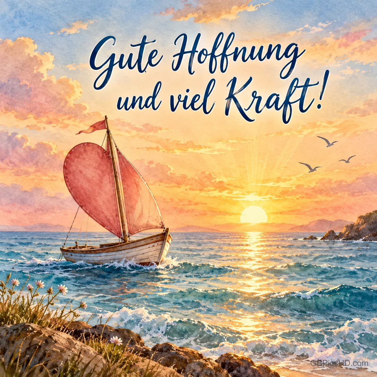 Ein Segelboot mit herzförmigem Segel auf dem Meer im Sonnenaufgang, dazu der Wunsch "Gute Hoffnung und viel Kraft!".