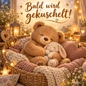 Ein großer Teddybär kuschelt mit einem kleinen Plüschhasen in einem Korb mit Lichterkette, dazu der Spruch "Bald wird gekuschelt!".