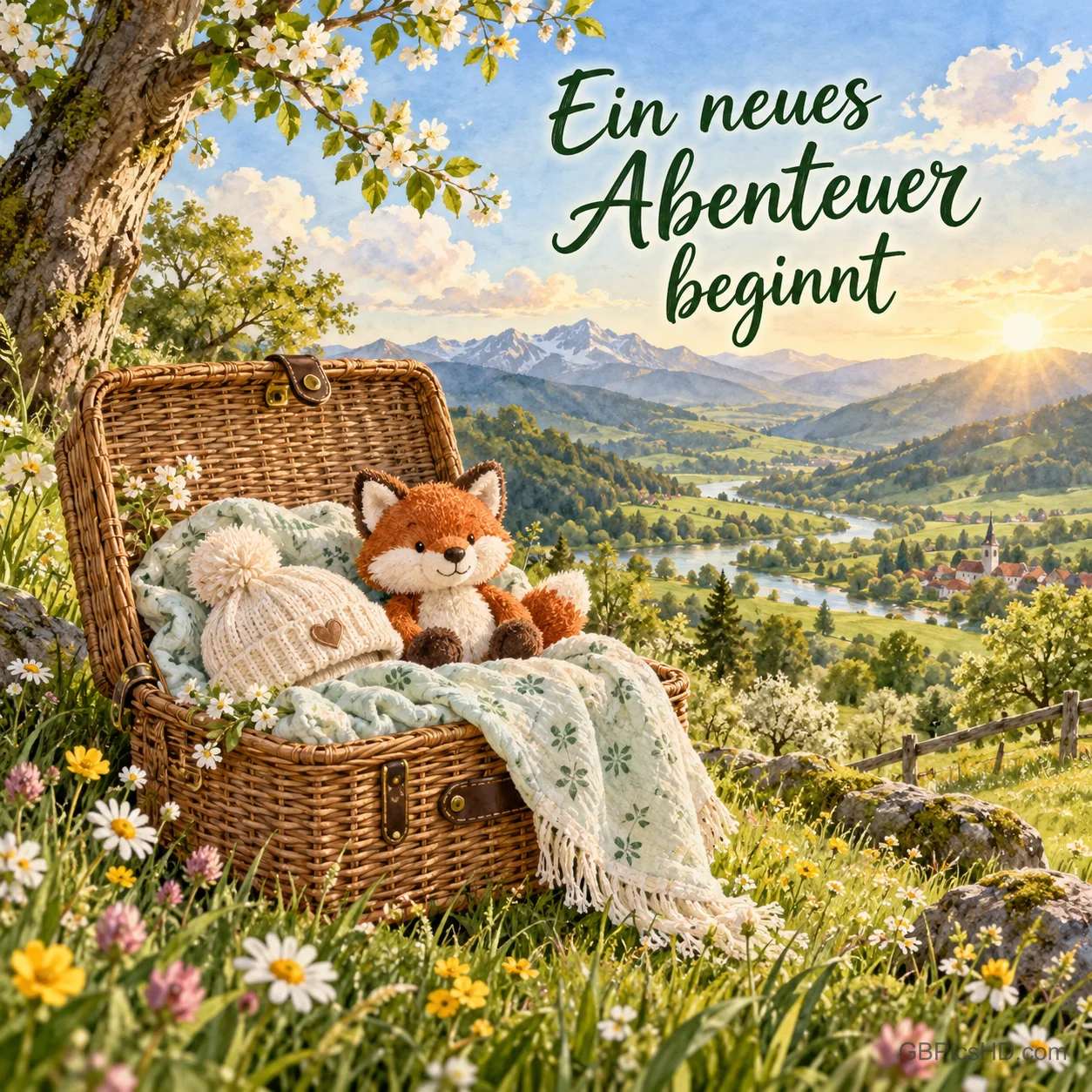 Ein offener Picknickkorb mit Babydecke, Mützchen und Plüschfuchs auf einer Wiese über einem Tal, dazu der Spruch "Ein neues Abenteuer beginnt".