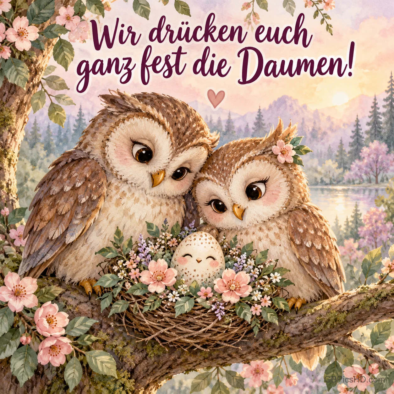 Zwei Eulen sitzen auf einem Ast neben einem Nest mit einem kleinen Ei, dazu der Wunsch "Wir drücken euch ganz fest die Daumen!".