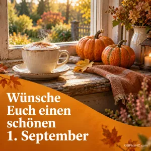 Cappuccino und Kürbisse auf einer Fensterbank mit dem Text "Wünsche Euch einen schönen 1. September".