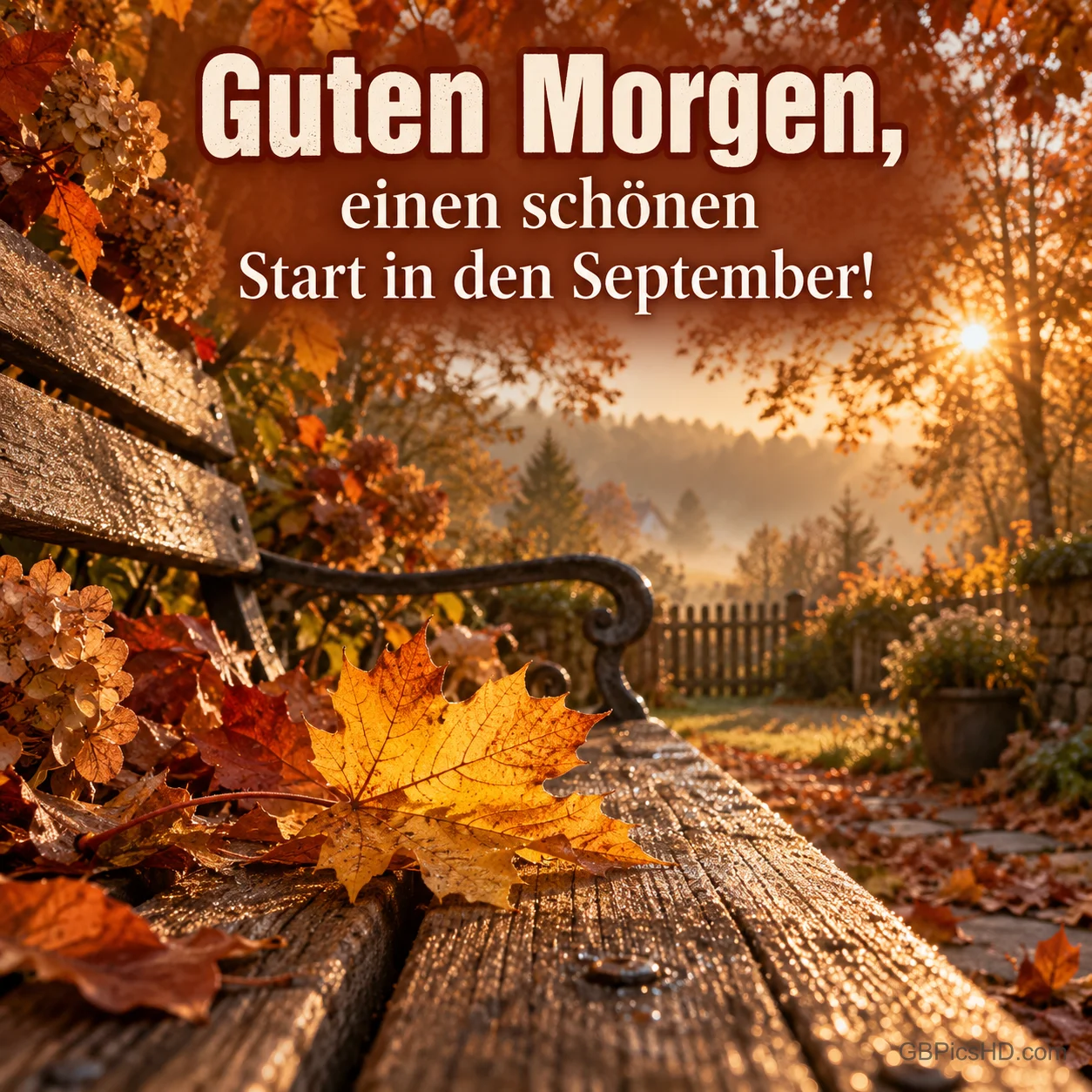 Holzbank mit Ahornblatt im herbstlichen Morgenlicht und dem Gruß "Guten Morgen, einen schönen Start in den September!" Holzbank mit Ahornblatt im herbstlichen Morgenlicht und dem Gruß "Guten Morgen, einen schönen Start in den September!"
