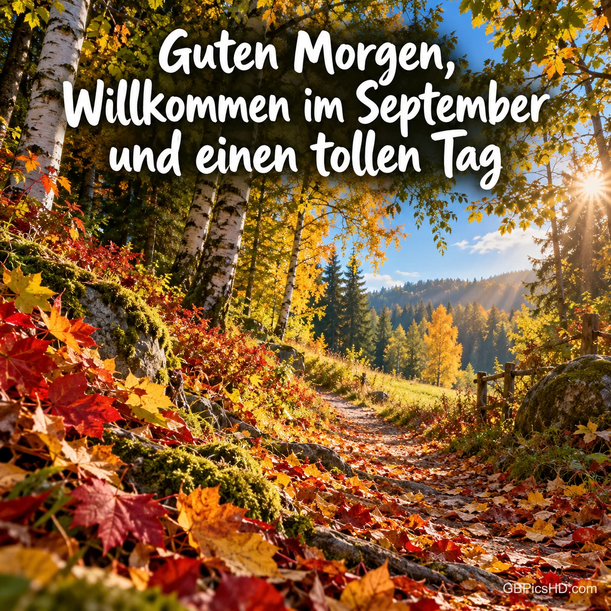 Waldweg mit rotem und gelbem Herbstlaub und dem Text "Guten Morgen, Willkommen im September und einen tollen Tag". Waldweg mit rotem und gelbem Herbstlaub und dem Text "Guten Morgen, Willkommen im September und einen tollen Tag".