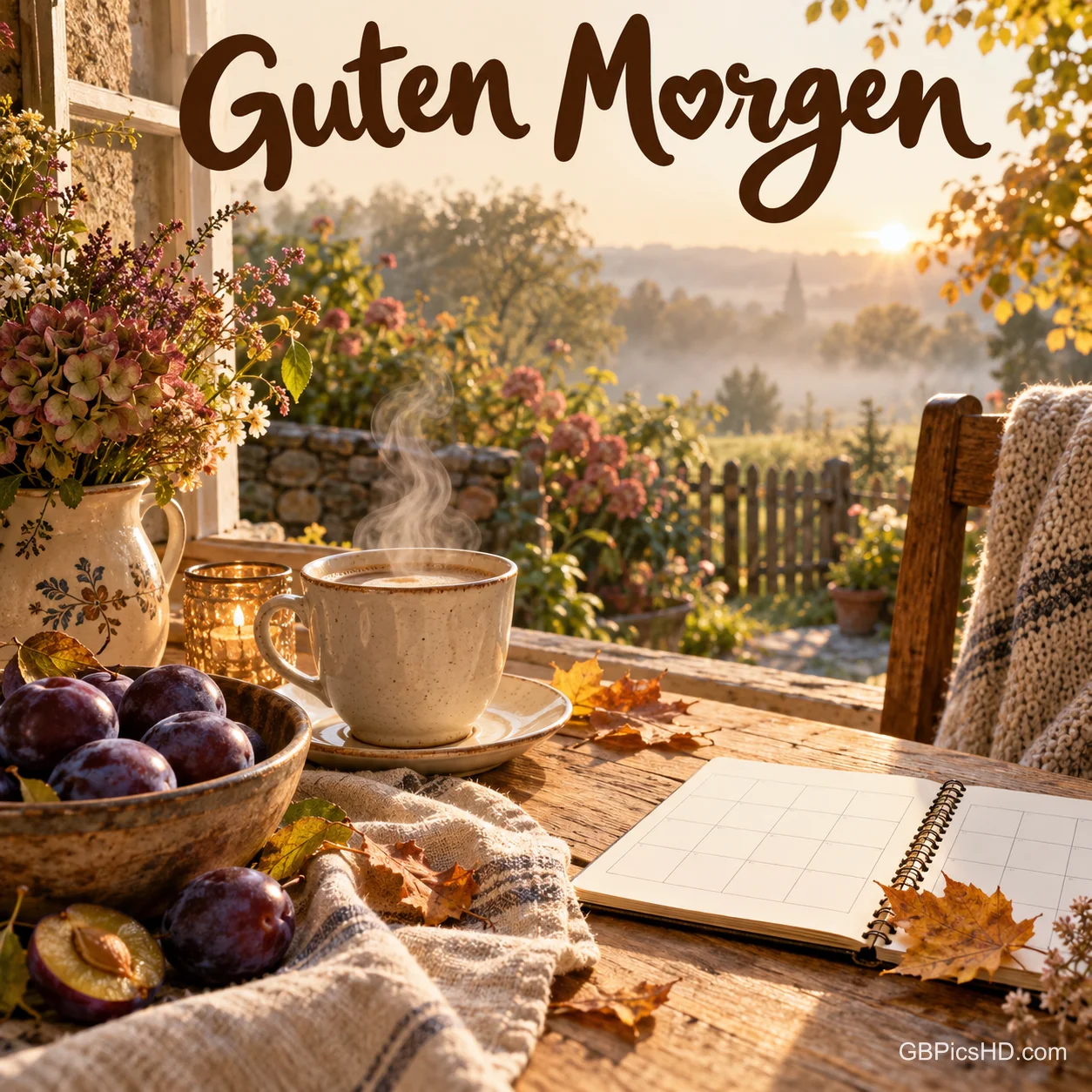 Dampfender Kaffee, Pflaumen und ein Notizbuch auf einem Holztisch im Herbstgarten mit dem Gruß "Guten Morgen". Dampfender Kaffee, Pflaumen und ein Notizbuch auf einem Holztisch im Herbstgarten mit dem Gruß "Guten Morgen".