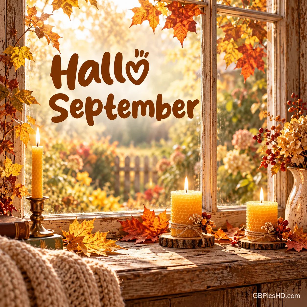 Brennende Kerzen am Fenster mit Herbstlaub und dem Schriftzug "Hallo September". Brennende Kerzen am Fenster mit Herbstlaub und dem Schriftzug "Hallo September".