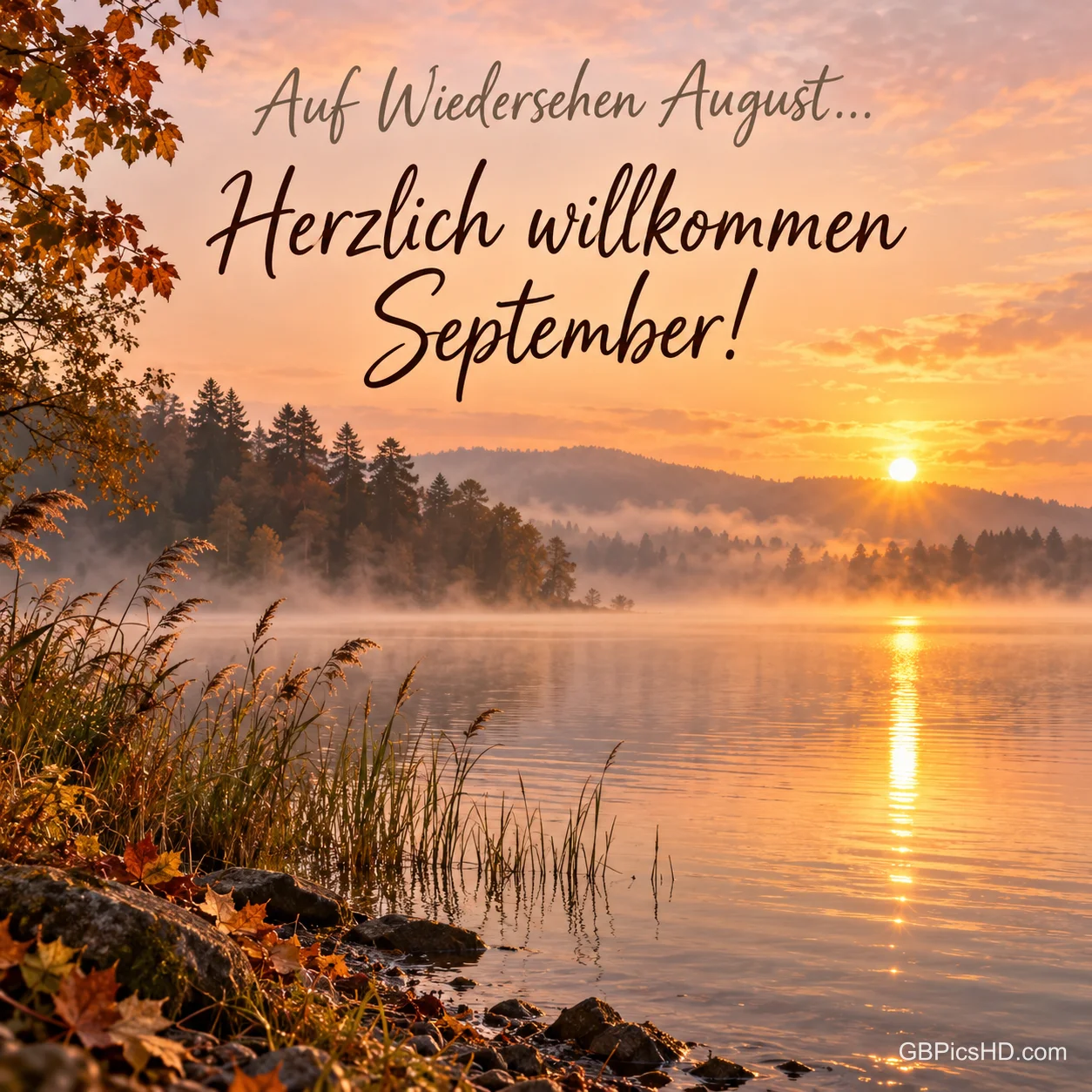 Ein nebliger See bei Sonnenaufgang mit Schilf, Herbstlaub und Wäldern, Schrift "Auf Wiedersehen August… Herzlich willkommen September!". Ein nebliger See bei Sonnenaufgang mit Schilf, Herbstlaub und Wäldern, Schrift "Auf Wiedersehen August… Herzlich willkommen September!".