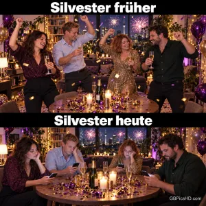 Zweigeteiltes Bild: oben feiern Freunde tanzend mit Sekt und Konfetti, unten sitzen dieselben Gäste am Tisch und starren auf ihre Handys, Text "Silvester früher" und "Silvester heute"