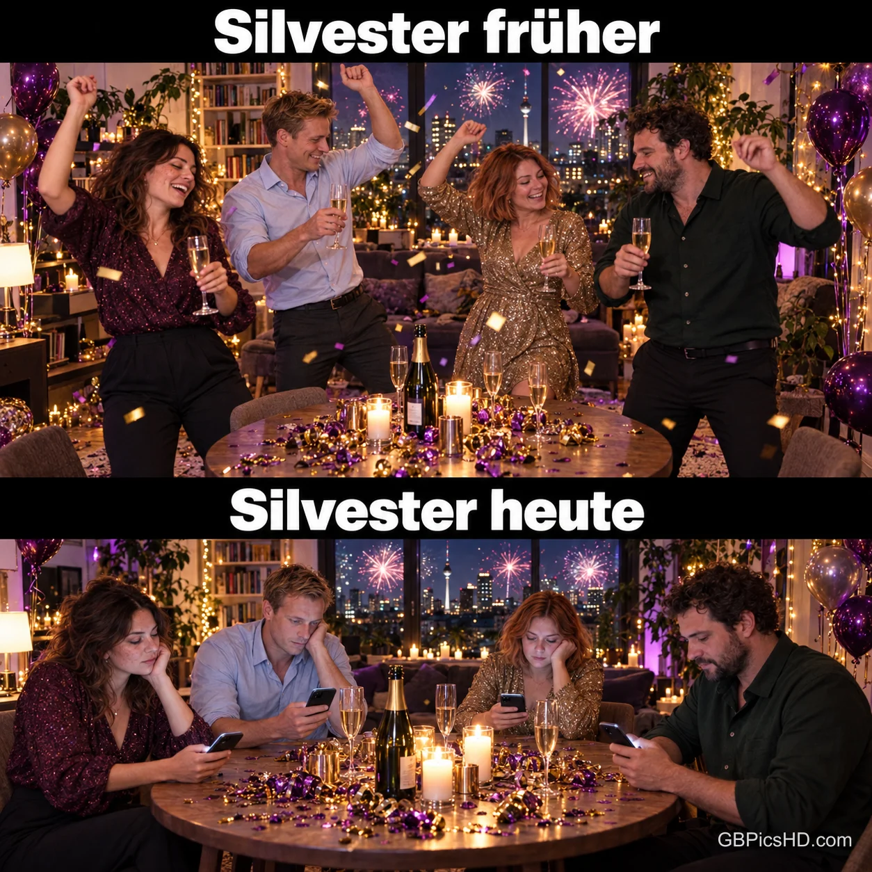 Zweigeteiltes Bild: oben feiern Freunde tanzend mit Sekt und Konfetti, unten sitzen dieselben Gäste am Tisch und starren auf ihre Handys, Text "Silvester früher" und "Silvester heute"
