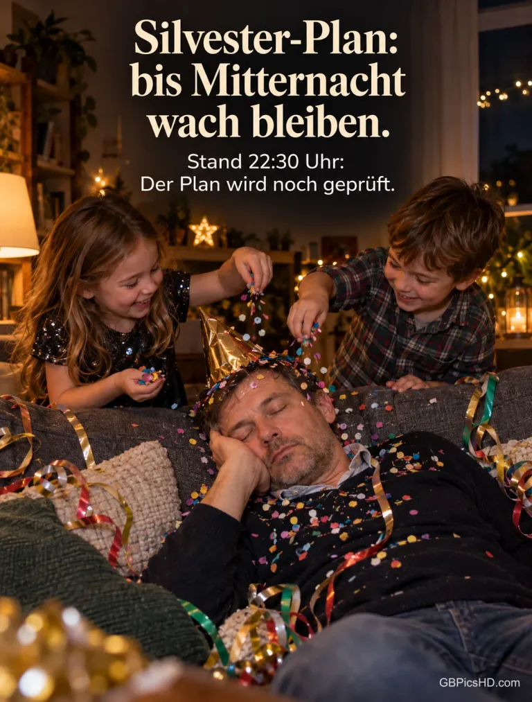 Ein Vater schläft mit Partyhut auf dem Sofa, zwei kichernde Kinder streuen Konfetti auf ihn, dazu "Silvester-Plan: bis Mitternacht wach bleiben".