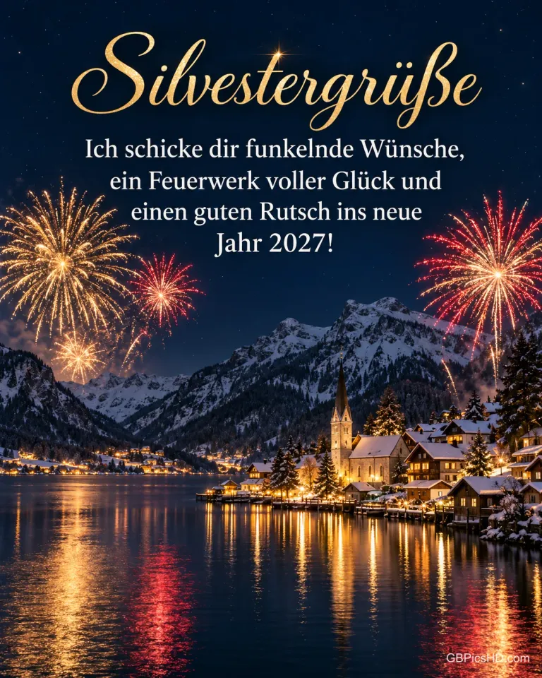 Goldenes und rotes Feuerwerk spiegelt sich in einem Bergsee mit verschneitem Dorf, dazu "Silvestergrüße".