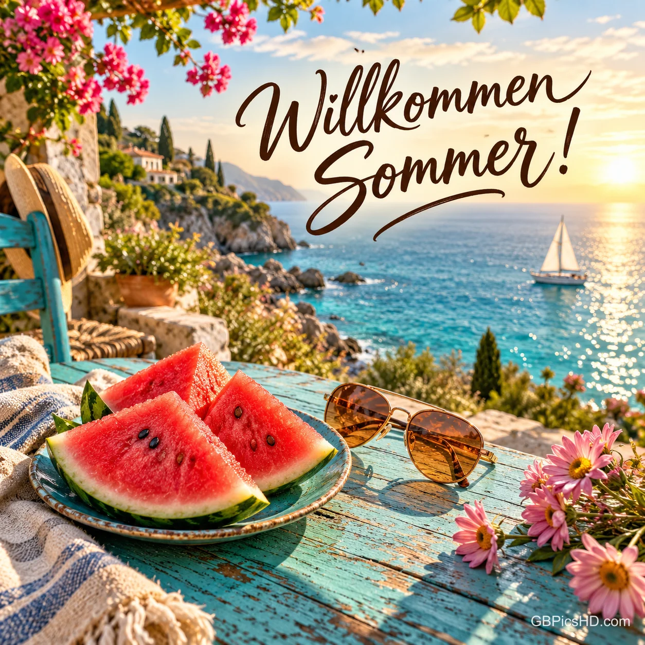 Ein Tisch am Mittelmeer mit Wassermelonenstücken, Sonnenbrille und Blumen bei Sonnenuntergang mit dem Gruß "Willkommen Sommer!". Ein Tisch am Mittelmeer mit Wassermelonenstücken, Sonnenbrille und Blumen bei Sonnenuntergang mit dem Gruß "Willkommen Sommer!".