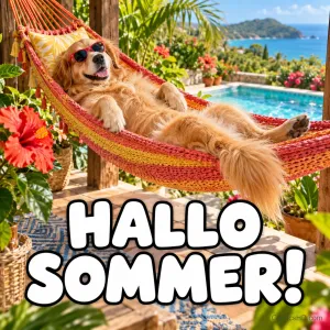 Ein Hund mit roter Sonnenbrille entspannt in einer Hängematte am Pool mit dem Schriftzug "HALLO SOMMER!".