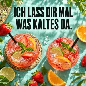 Zwei eisgekühlte Erdbeer-Zitrus-Drinks auf türkisfarbenem Untergrund mit Früchten und dem Spruch "ICH LASS DIR MAL WAS KALTES DA.".