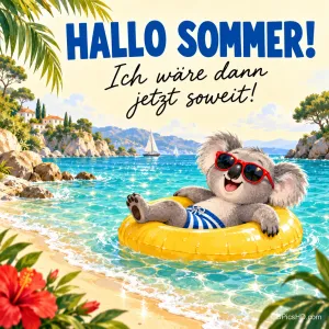 Ein Koala mit Sonnenbrille und Badehose treibt im Schwimmring vor einer Badebucht, dazu "HALLO SOMMER! Ich wäre dann jetzt soweit!".