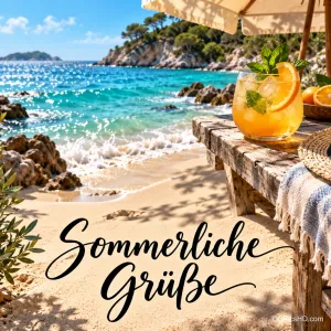 Ein Orangen-Cocktail auf einem Holztisch am Sandstrand mit türkisem Meer und dem Schriftzug "Sommerliche Grüße".