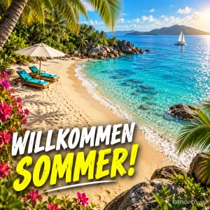 Eine tropische Badebucht mit Palmen, Sonnenschirm und Liegestühlen mit dem Gruß "WILLKOMMEN SOMMER!".