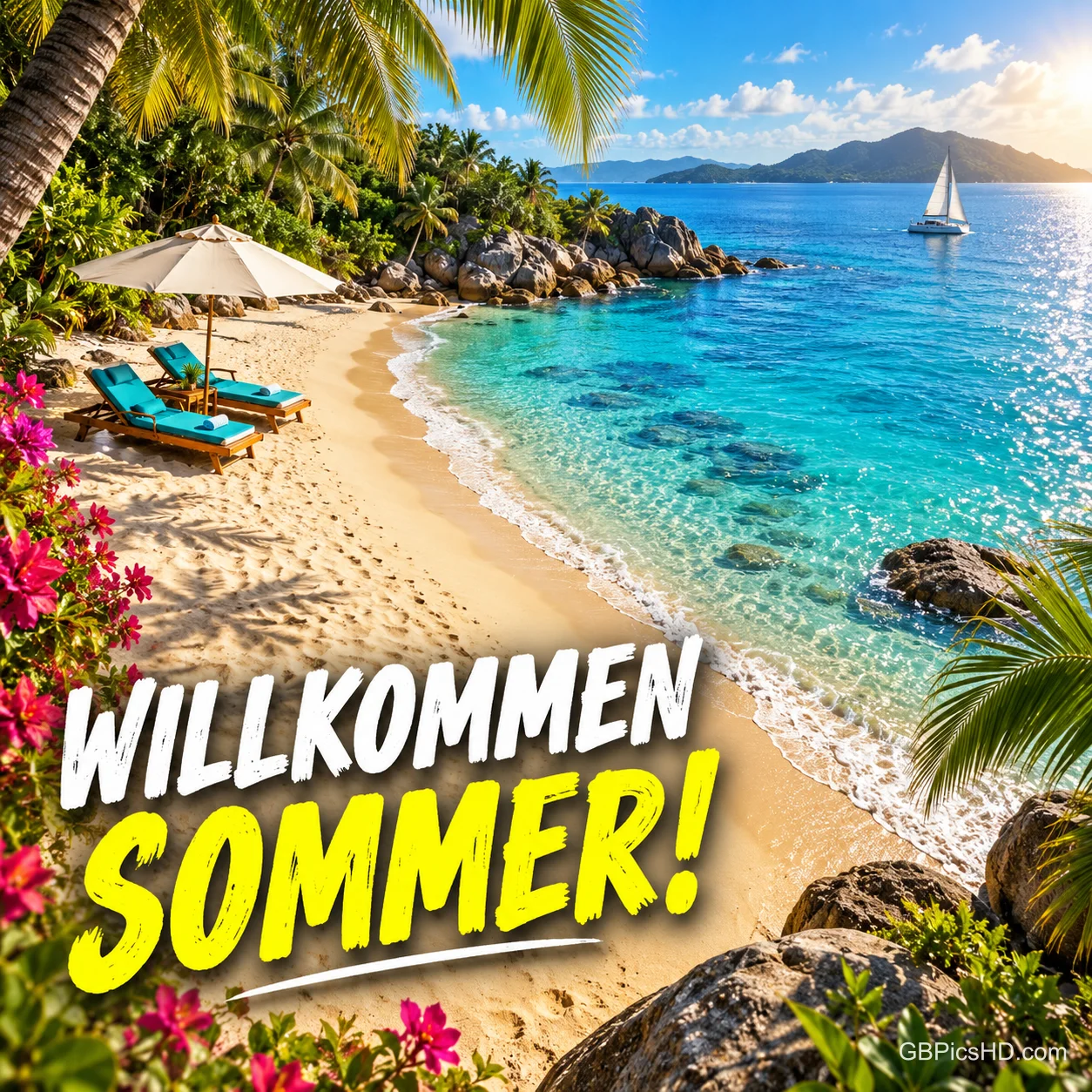 Eine tropische Badebucht mit Palmen, Sonnenschirm und Liegestühlen mit dem Gruß "WILLKOMMEN SOMMER!". Eine tropische Badebucht mit Palmen, Sonnenschirm und Liegestühlen mit dem Gruß "WILLKOMMEN SOMMER!".