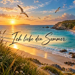 Ein Sandstrand bei Sonnenuntergang mit Möwen am Himmel und dem Schriftzug "Ich liebe den Sommer".