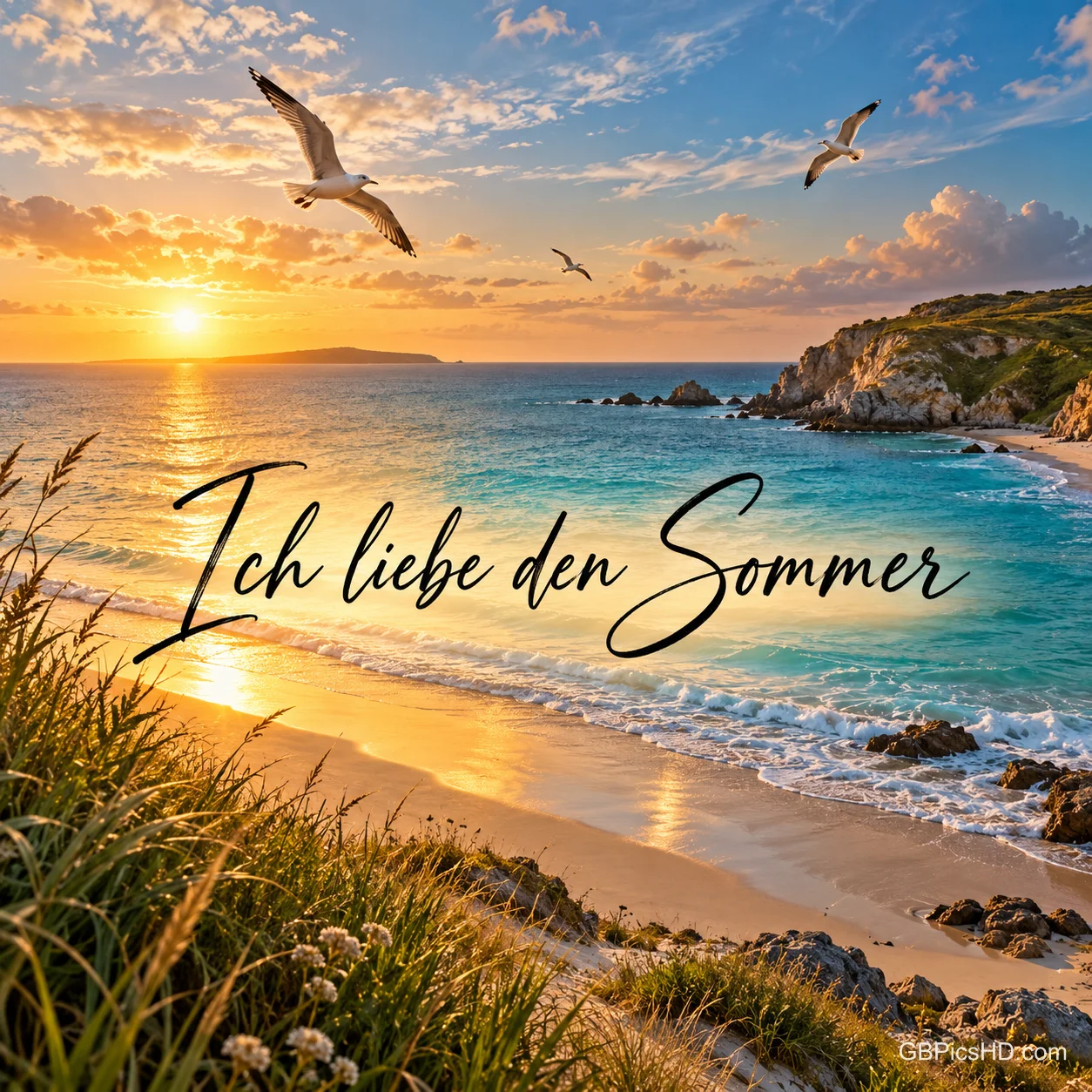 Ein Sandstrand bei Sonnenuntergang mit Möwen am Himmel und dem Schriftzug "Ich liebe den Sommer". Ein Sandstrand bei Sonnenuntergang mit Möwen am Himmel und dem Schriftzug "Ich liebe den Sommer".