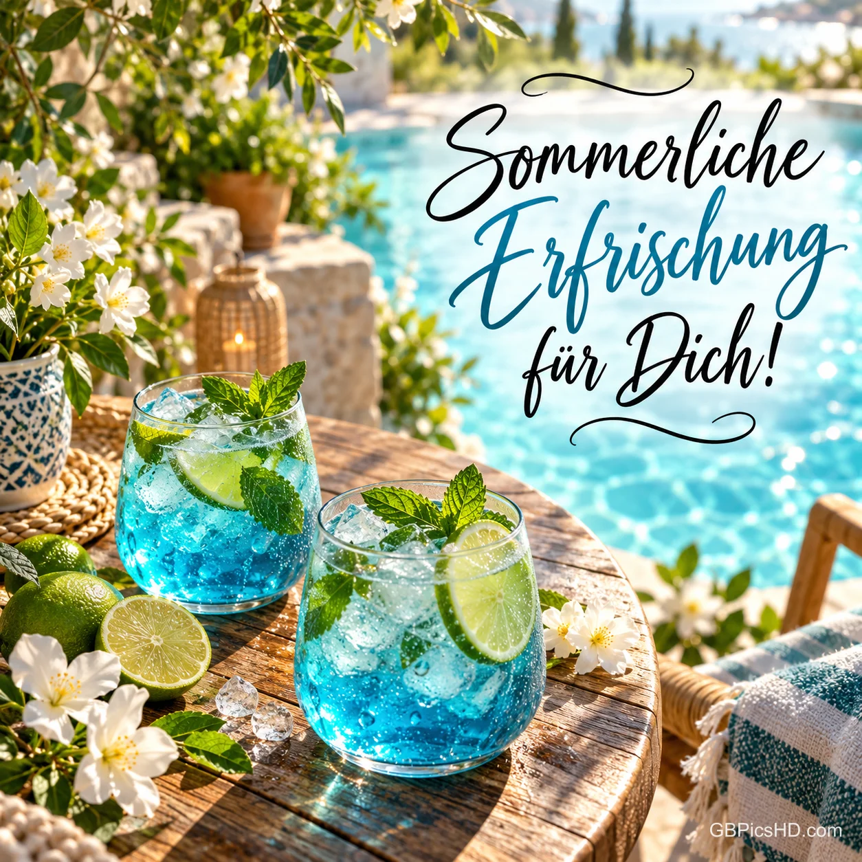 Zwei blaue Drinks mit Limette und Minze auf einem Holztisch am Pool mit dem Gruß "Sommerliche Erfrischung für Dich!". Zwei blaue Drinks mit Limette und Minze auf einem Holztisch am Pool mit dem Gruß "Sommerliche Erfrischung für Dich!".