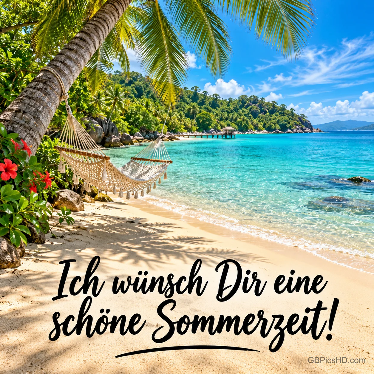 Ein tropischer Strand mit Palme, Hängematte und türkisem Meer mit dem Wunsch "Ich wünsch Dir eine schöne Sommerzeit!". Ein tropischer Strand mit Palme, Hängematte und türkisem Meer mit dem Wunsch "Ich wünsch Dir eine schöne Sommerzeit!".