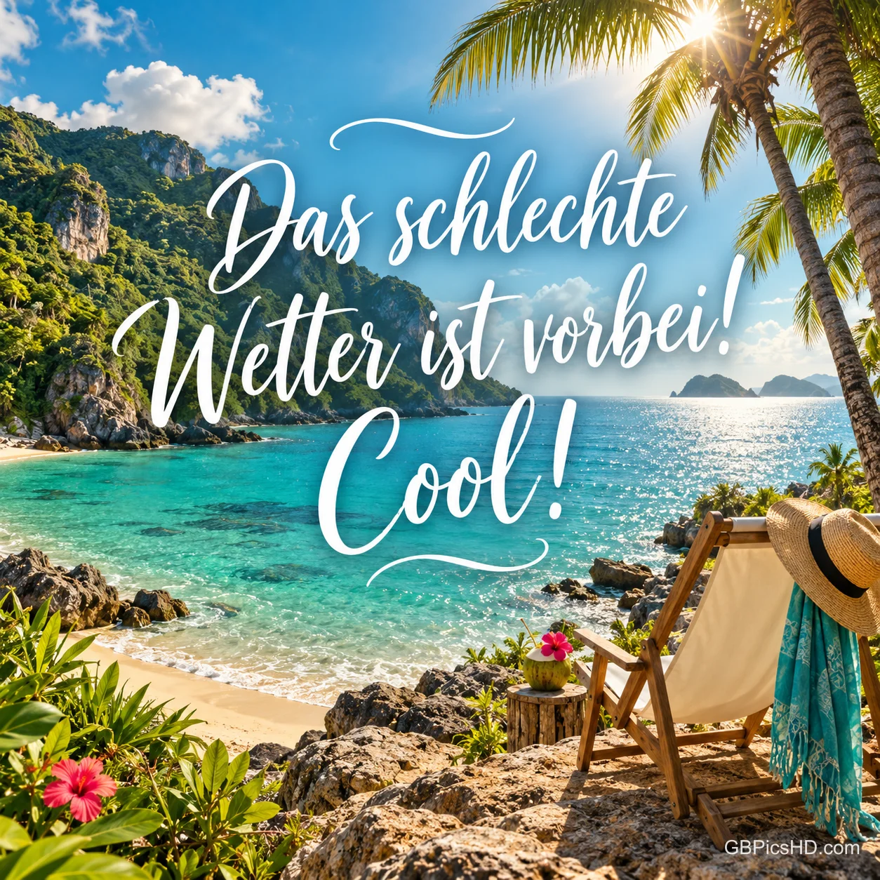 Ein Liegestuhl mit Strohhut unter Palmen an einer sonnigen Bucht mit dem Spruch "Das schlechte Wetter ist vorbei! Cool!". Ein Liegestuhl mit Strohhut unter Palmen an einer sonnigen Bucht mit dem Spruch "Das schlechte Wetter ist vorbei! Cool!".