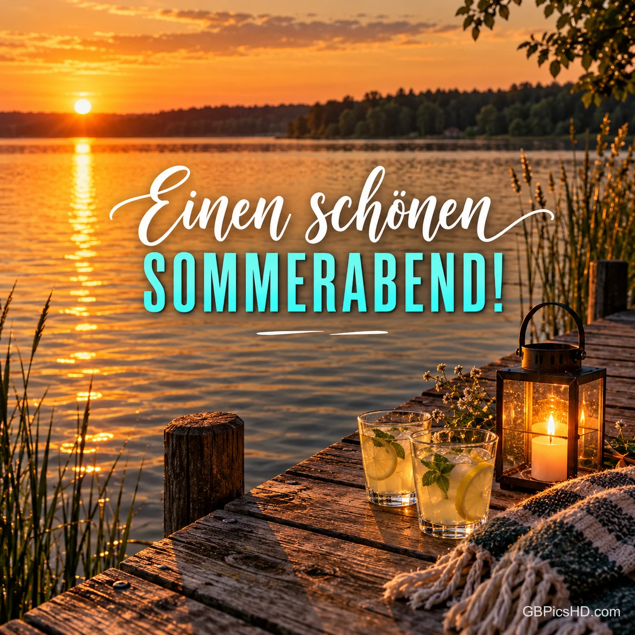 Holzsteg am See bei Sonnenuntergang mit Laterne, zwei Gläsern Limonade und einer Decke, Schrift "Einen schönen SOMMERABEND!" Holzsteg am See bei Sonnenuntergang mit Laterne, zwei Gläsern Limonade und einer Decke, Schrift "Einen schönen SOMMERABEND!"