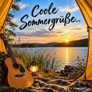 Blick aus einem Zelt auf einen See im Sonnenuntergang, davor Gitarre, Laterne und Decke, Schrift "Coole Sommergrüße..."