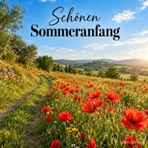 Ein sonniges Mohnblumenfeld mit Feldweg und Hügellandschaft unter blauem Himmel mit dem Gruß "Schönen Sommeranfang".