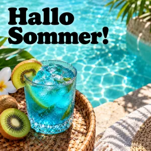 Ein blauer Drink mit Kiwischeibe auf einem Rattantablett am Pool mit dem Schriftzug "Hallo Sommer!".