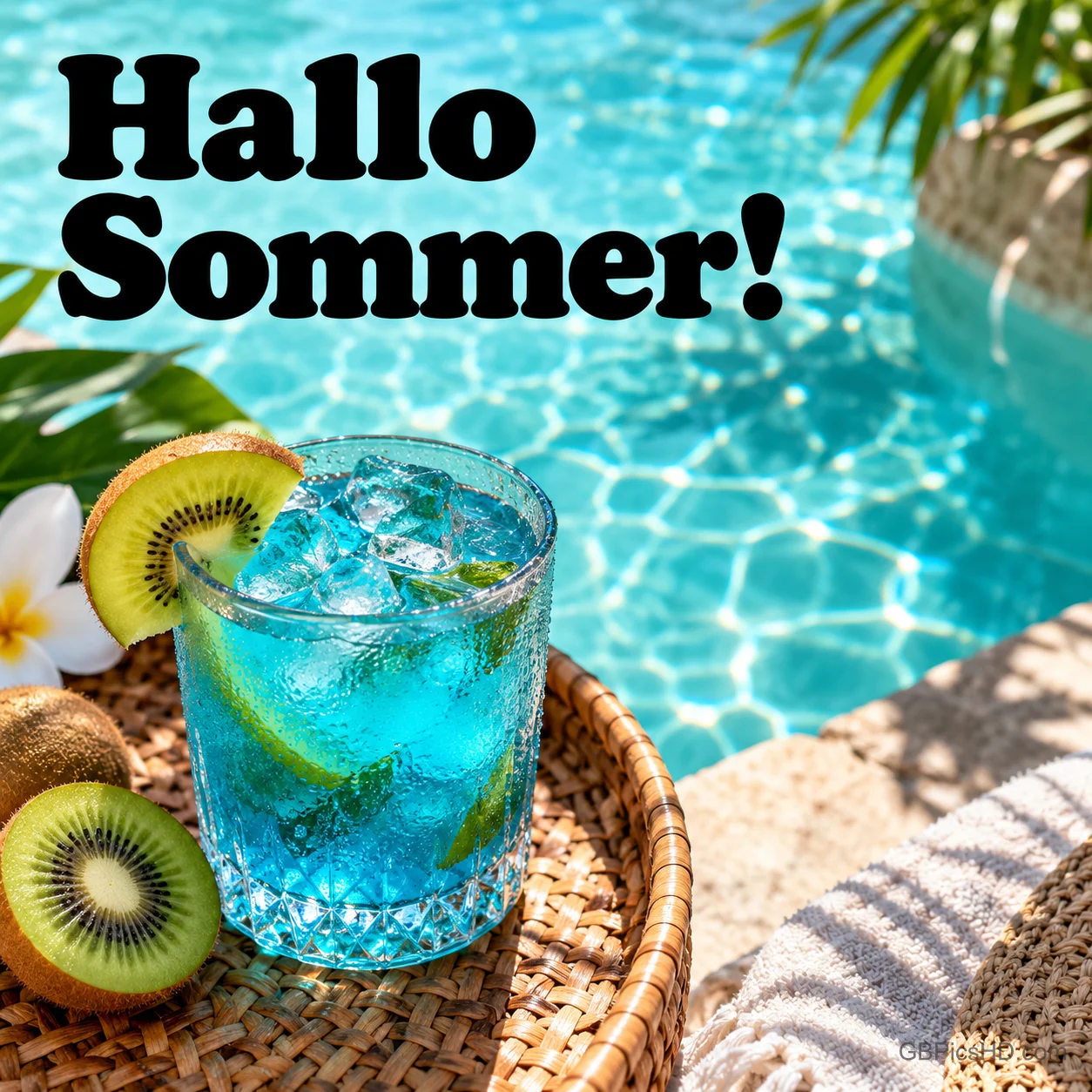 Ein blauer Drink mit Kiwischeibe auf einem Rattantablett am Pool mit dem Schriftzug "Hallo Sommer!". Ein blauer Drink mit Kiwischeibe auf einem Rattantablett am Pool mit dem Schriftzug "Hallo Sommer!".