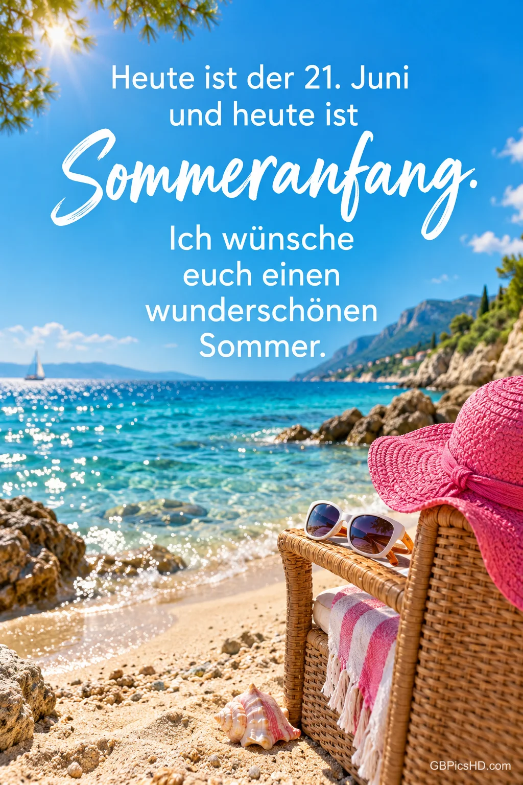 Ein Strandkorb mit pinkem Sonnenhut und Sonnenbrille an einer Felsbucht mit dem Text "Heute ist der 21. Juni und heute ist Sommeranfang. Ich wünsche euch einen wunderschönen Sommer.". Ein Strandkorb mit pinkem Sonnenhut und Sonnenbrille an einer Felsbucht mit dem Text "Heute ist der 21. Juni und heute ist Sommeranfang. Ich wünsche euch einen wunderschönen Sommer.".
