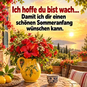 Gelber Krug mit roten Blumen auf einem Terrassentisch mit Zitronen und Meerblick im Sonnenlicht, Schrift "Ich hoffe du bist wach... Damit ich dir einen schönen Sommeranfang wünschen kann."